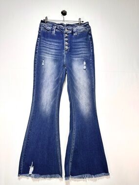 KanCan High Rise Flare Jeans Button Fly Distressed Frayed Hem Size 29 Boho Chic